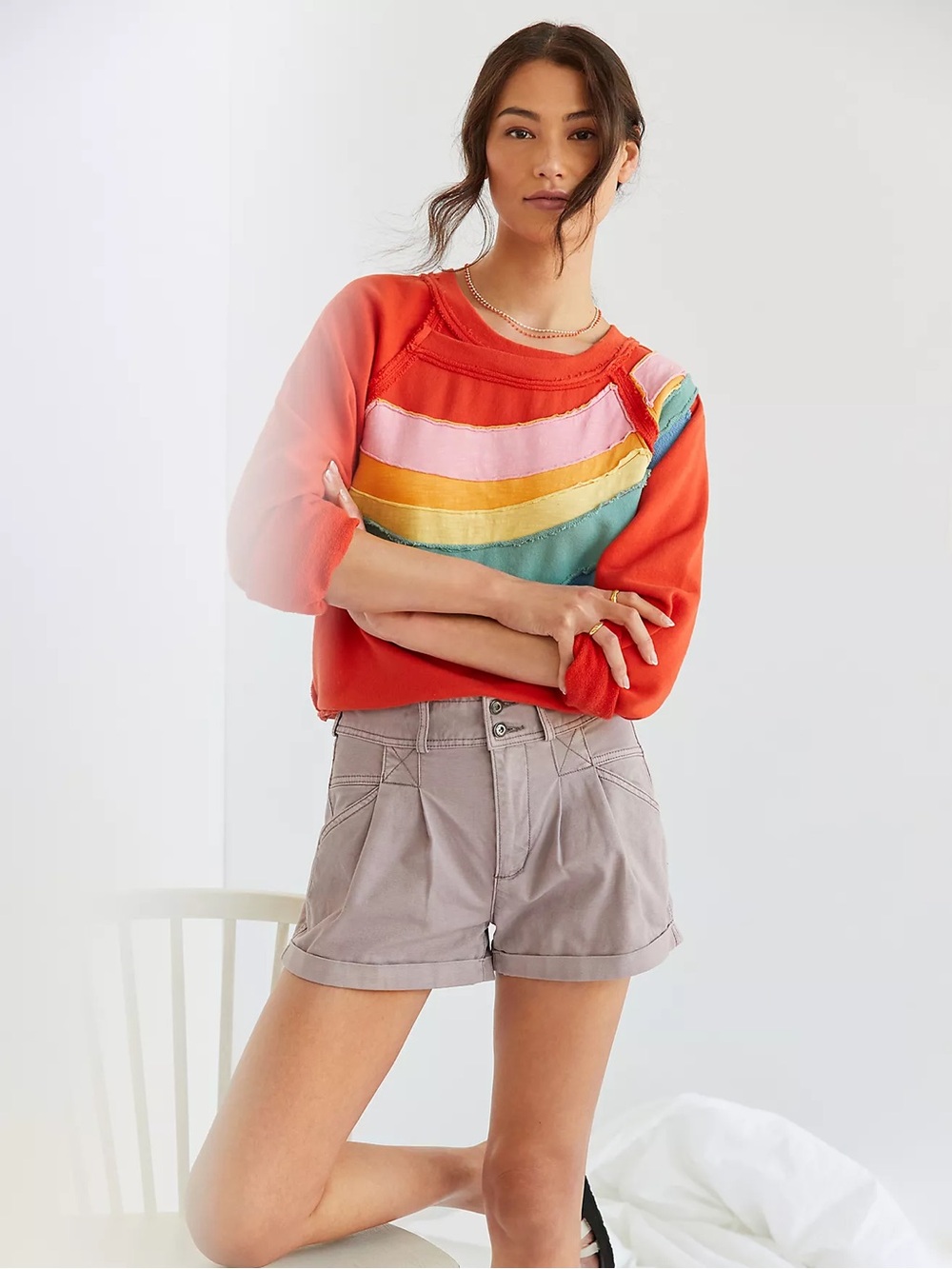 Daily Practice by Anthropologie Spirited Rainbow Pullover Red Lounge Stretch